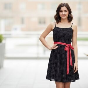 Ladies Ruby Rox Black White Polka Dots Red Sash Dress - Size 3 - EUC